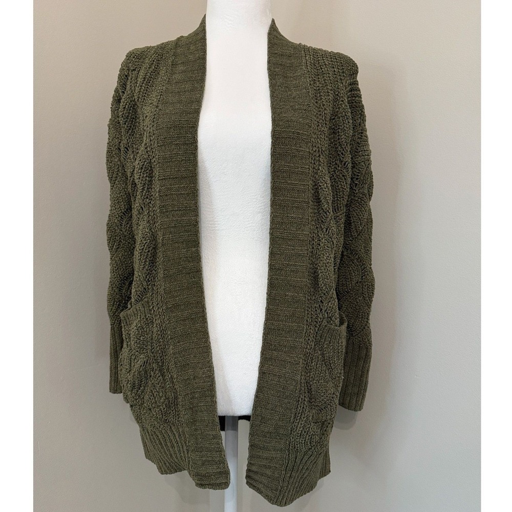 Pink Rose Womens Olive‎ Green Cable Knit Open Front Cardigan Sweater Size Small